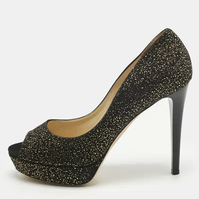 Pre-owned Jimmy Choo Black/gold Texture Suede Peep Toe Pumps Size 41