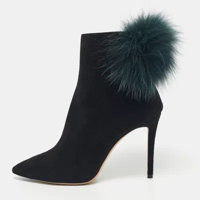 Pre-owned Jimmy Choo Black/green Fox Fur And Suede Tesler Ankle Length Boots Size 37.5