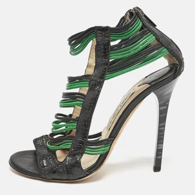 Pre-owned Jimmy Choo Black/green Ostrich Leg Leather Corsica Ankle Strap Sandals Size 38