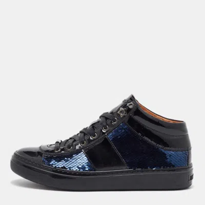 Pre-owned Jimmy Choo Black/navy Blue Patent Leather And Sequins Low Top Sneakers Size 37
