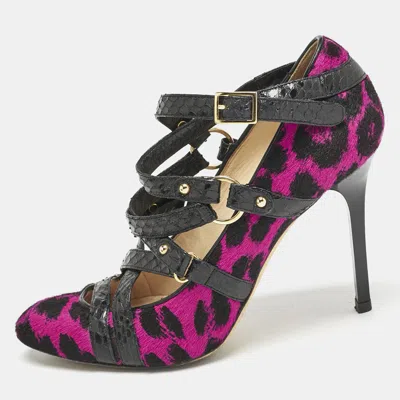 Pre-owned Jimmy Choo Black/pink Animal Print Calf Hair And Snakeskin Jazz Strappy Pumps Size 37