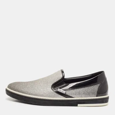 Pre-owned Jimmy Choo Black/silver Patent Leather And Glitter Slip On Sneakers Size 44