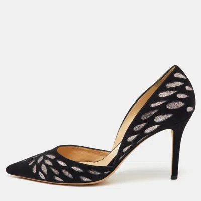 Pre-owned Jimmy Choo Black/silver Suede And Glitters Pointed Pumps Size 37