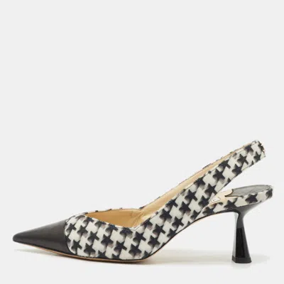 Pre-owned Jimmy Choo Black/white Houndstooth Fabric And Leather Liya Slingback Pumps Size 40