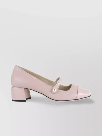Jimmy Choo Block Heel Peep Toe Pumps With Pearl And Strap Detail In Macaron