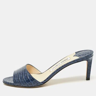 Pre-owned Jimmy Choo Blue Croc Embossed Leather Stacey Slide Sandals Size 37