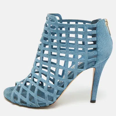 Jimmy Choo Blue Denim Dassa Peep Toe Cage Ankle Boots