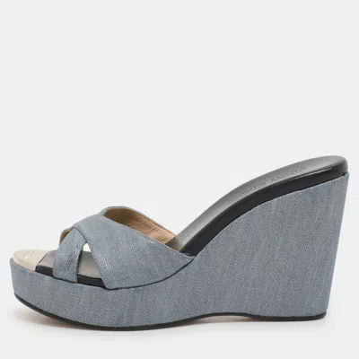 Pre-owned Jimmy Choo Blue Denim Prima Wedge Sandals Size 37.5