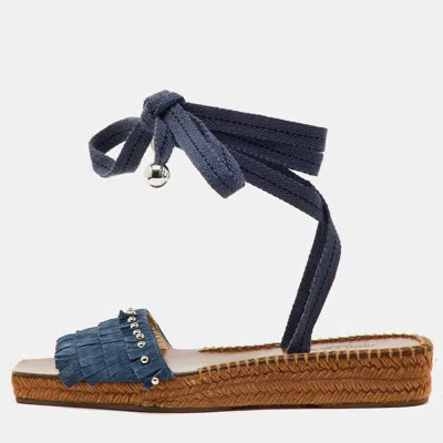 Jimmy Choo Blue Fringe Suede Denim Aisha Espadrille Ankle Wrap Sandals