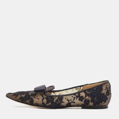 Jimmy Choo Blue Lace And Mesh Gala Bow Ballet Flats In Brown