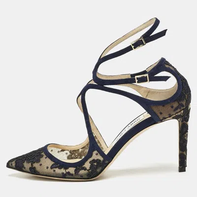 Pre-owned Jimmy Choo Blue Lace And Suede Lancer Ankle Strap Pumps Size 38.5