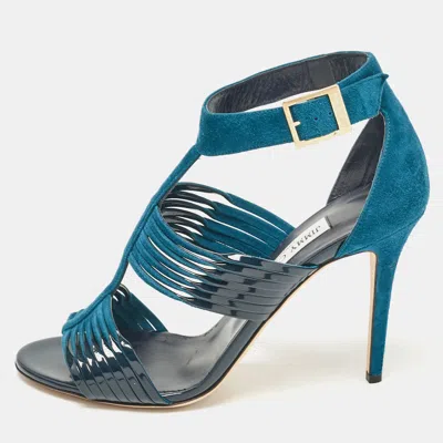 Pre-owned Jimmy Choo Blue Patent Leather And Suede Ankle Strap Sandals Size 41