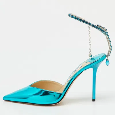 Jimmy Choo Blue Patent Leather Saeda Crystal Pointed Toe Pumps