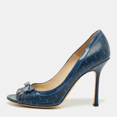 Jimmy Choo Blue Printed Leather And Patent Peep Toe Pumps