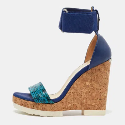 Pre-owned Jimmy Choo Blue Python And Leather Neston Cork Platform Wedge Sandals Size 38
