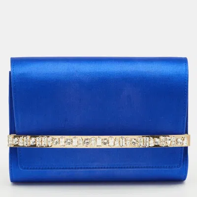 Jimmy Choo Blue Satin Crystals Embellished Flap Clutch