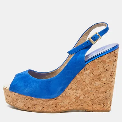Pre-owned Jimmy Choo Blue Suede Cork Wedge Ankle Strap Sandals Size 40