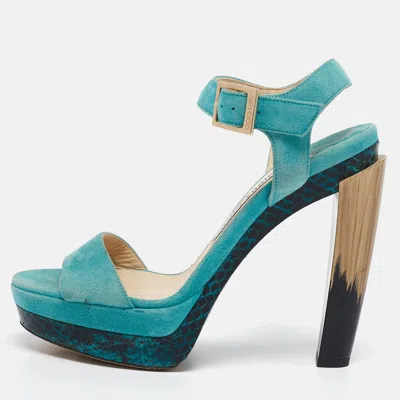 Pre-owned Jimmy Choo Blue Suede Dora Ankle Strap Sandals Size 37.5