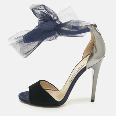 Pre-owned Jimmy Choo Blue/grey Velvet And Leather Bow Lilyth Ankle Strap Sandals Size 39.5