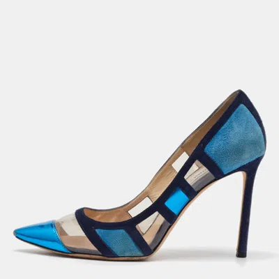 Pre-owned Jimmy Choo Blue/navy Blue Suede And Pvc Romy Pointed Toe Pumps Size 39