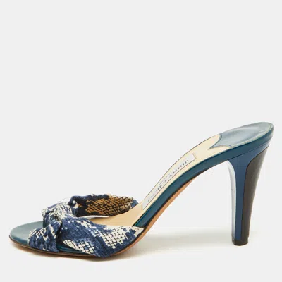 Jimmy Choo Blue/white Printed Canvas Knotted Slide Sandals
