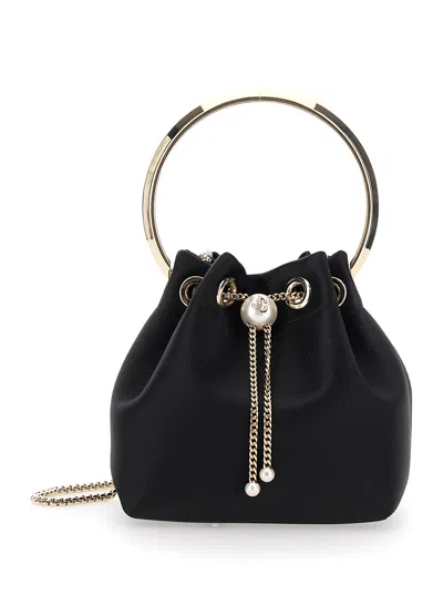 JIMMY CHOO BON BON BLACK HANDBAG WITH METAL BRACELET HANDLE AND CHAIN-LINK SHOULDER STRAP IN LEATHER WOMAN