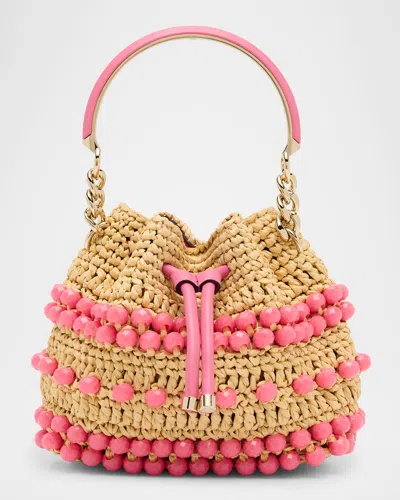 Jimmy Choo Bon Bon Beaded Raffia Bucket Bag In Natural Pink