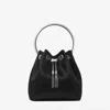 Jimmy Choo Eyelet Chain Bucket Bag With Metallic Handle In Black