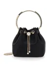 Jimmy Choo Bon Bon Circular-handle Satin Bucket Bag In Black