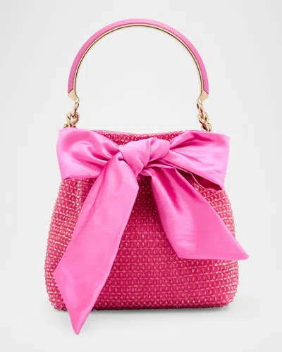 Jimmy Choo Bon Bon Bow Metallic Raffia Bucket Bag In Lmagltgld