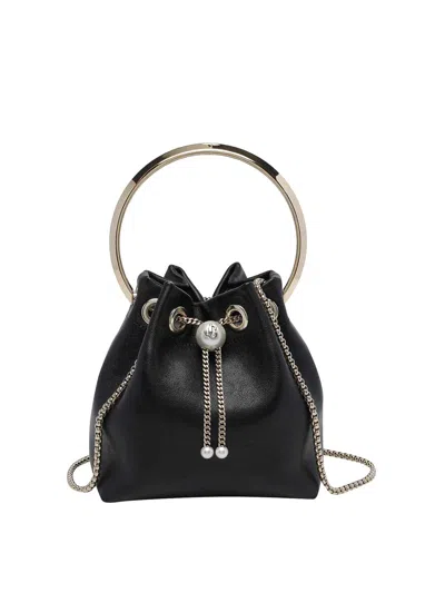 Jimmy Choo Small Satin Bucket Bag With Silver Chain Tassels In Black