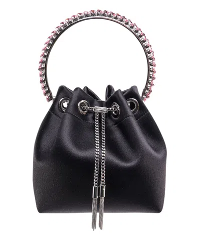 Jimmy Choo Satin Bucket Bag With Crystals Detail In Black