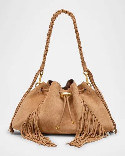 Jimmy Choo Bon Bon Embellished Fringed Suede Bucket Bag In Brown