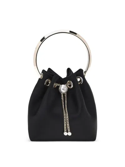 Jimmy Choo Bon Bon Circular-handle Satin Bucket Bag In Black