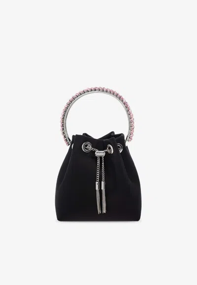 Jimmy Choo Bon Bon Crystal Embellished Satin Bucket Bag In Black