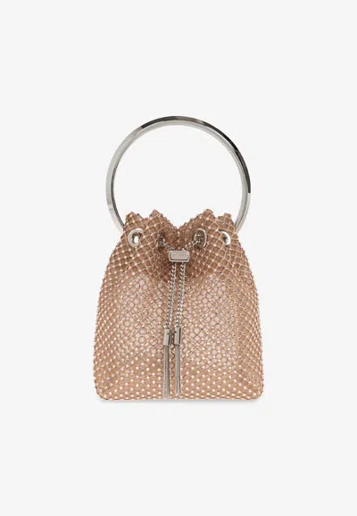 Jimmy Choo Bon Bon Crystal Mesh Bucket Bag In Beige