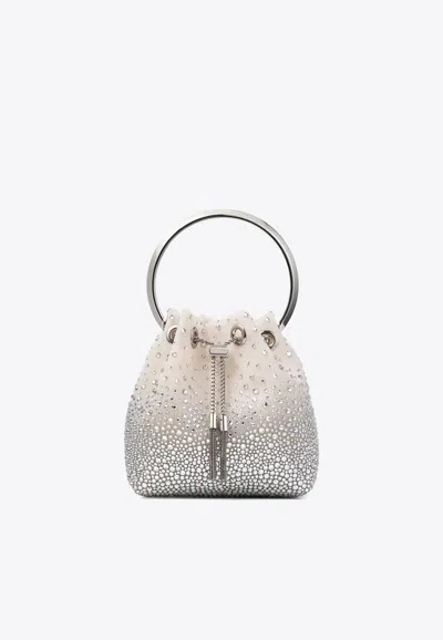 Jimmy Choo Bon Bon Crystal Mesh Bucket Bag In White