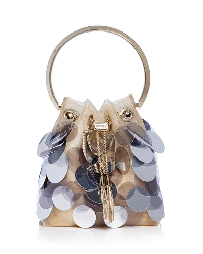 Jimmy Choo Bon Bon Embellished Mesh Top Handle Bag In Biscuit/silver