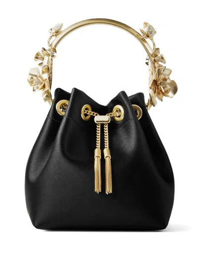 Jimmy Choo Bon Bon Flower-appliqué Satin Bag In Black
