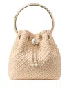 Jimmy Choo Round Handle Bucket Bag With Pearl Embellishment In Gold