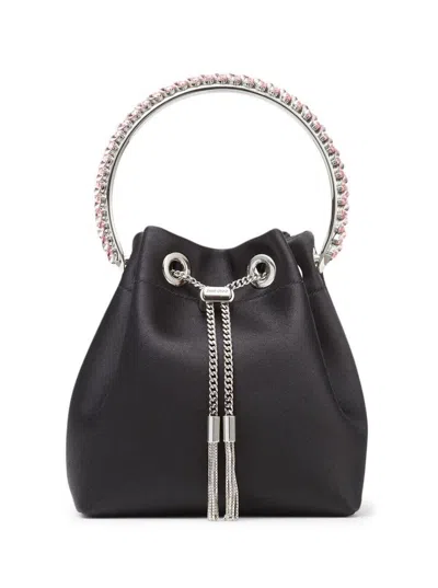Jimmy Choo Bon Bon Mini Black Handbag With Metal Crystal Bracelet Handle In Satin Fabbric Woman