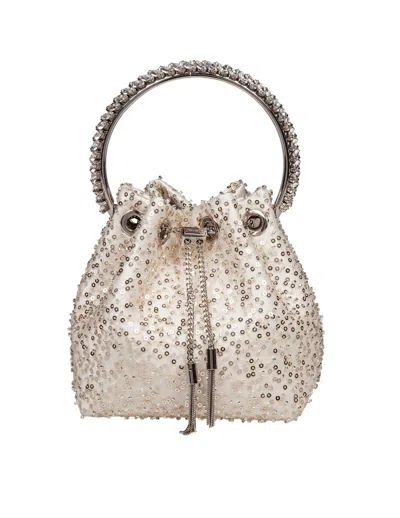 Jimmy Choo Bon Bon Satin Bag With Micro Net And Applied Stones In Ivory/crystal