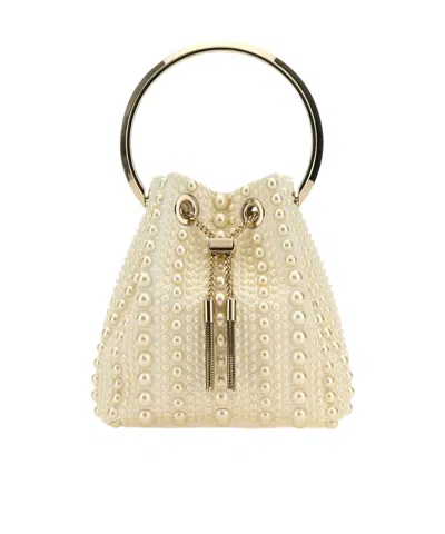 Jimmy Choo Bon Bon Imitation Pearl Embellished Bucket Bag In Ivory