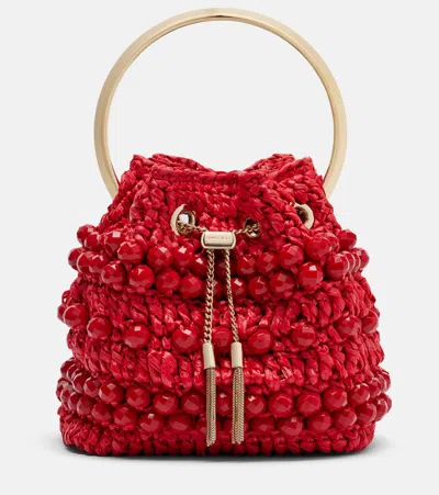 Jimmy Choo Bon Bon Small Beaded Raffia Bucket Bag In Red