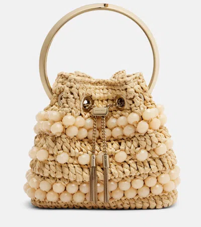 Jimmy Choo Bon Bon Small Beaded Raffia Bucket Bag In Nude