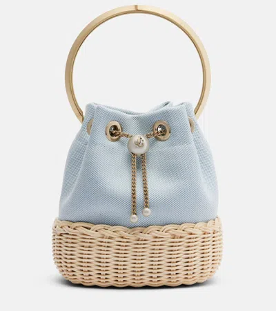 Jimmy Choo Bon Bon Small Canvas And Wicker Bucket Bag In Blue