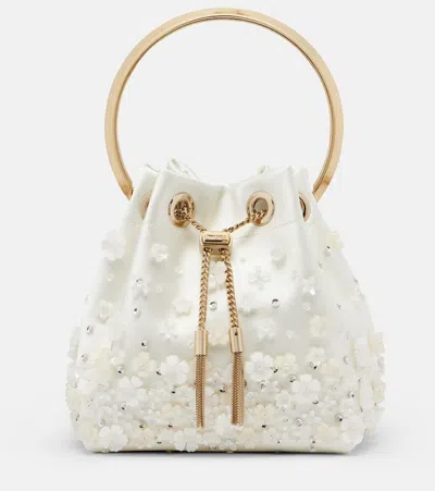 Jimmy Choo Bon Bon Small Embellished Satin Bucket Bag In White