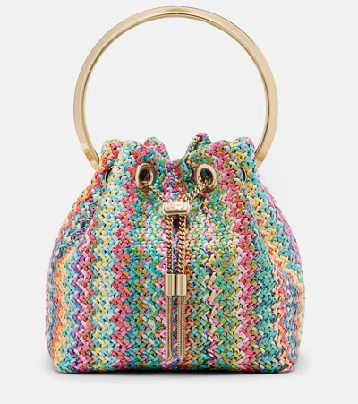 Jimmy Choo Bon Bon Small Raffia-effect Bucket Bag In Multi
