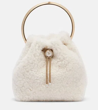 Jimmy Choo Bon Bon Small Shearling Bucket Bag In White