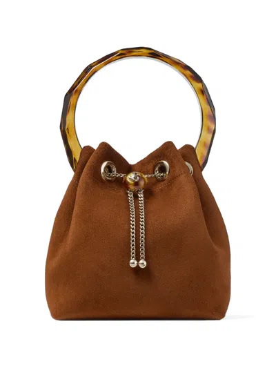 Jimmy Choo Bon Bon Bucket Bag In Suede With Pearl Clasp And Tortoiseshell-effect Handle In Pink